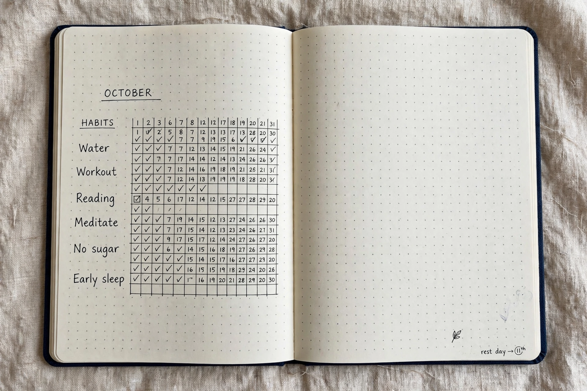 Habit tracker bullet journal layout — minimal hand-drawn monthly spread on dot grid