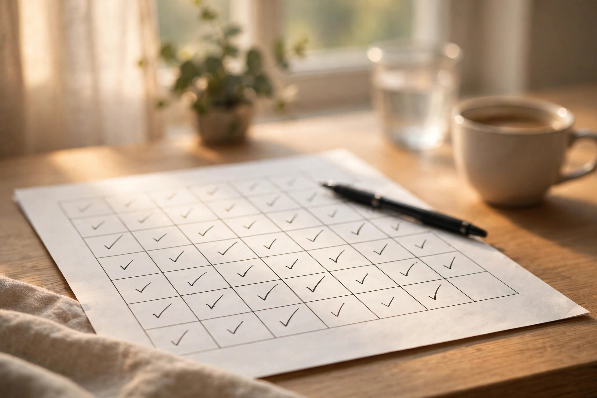 Free printable habit tracker on a desk — printed monthly sheet with pen checkmarks